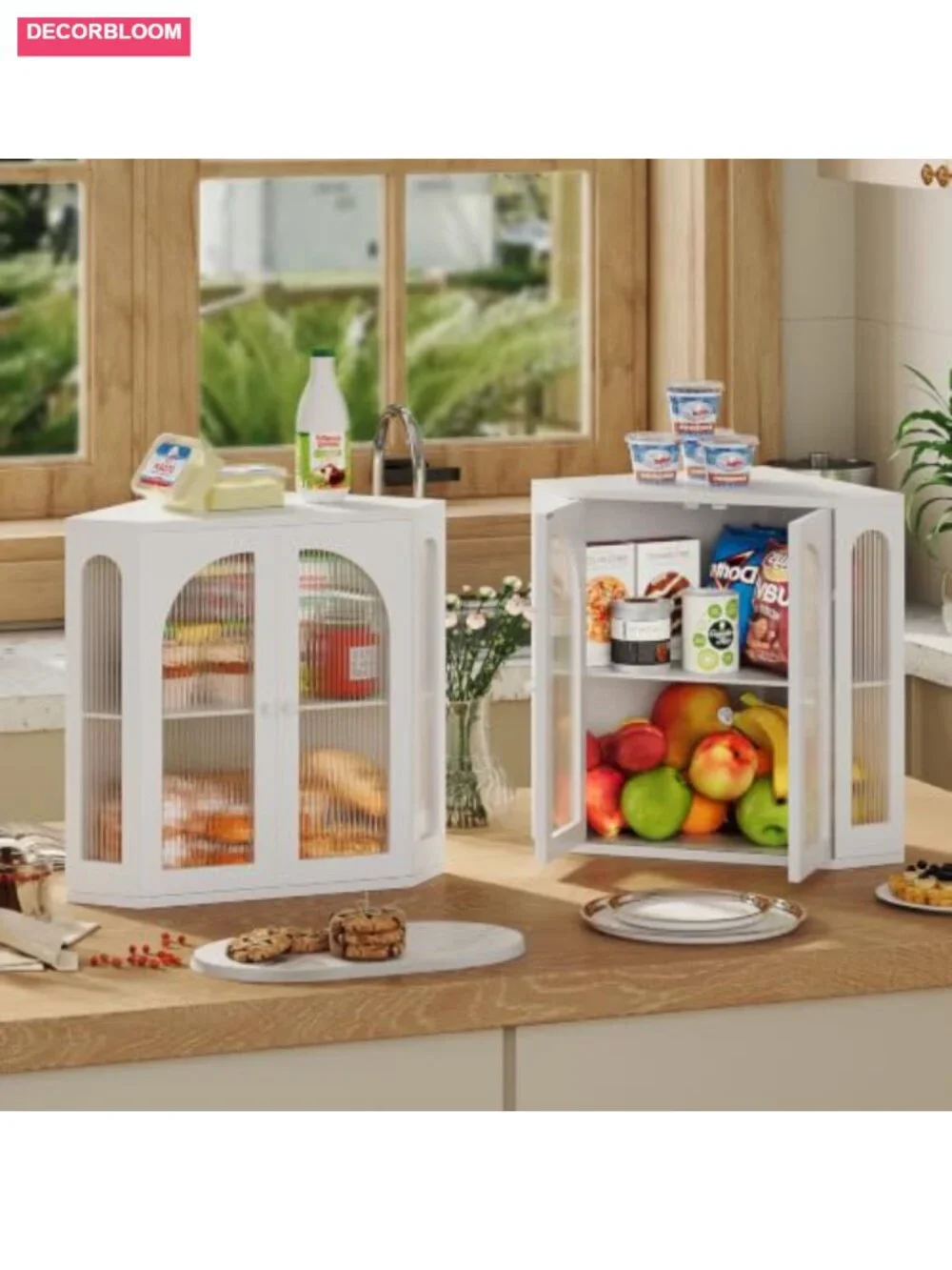Corner Bread Box Double Layer Bamboo with Arched Acrylic Windows for Kitchen